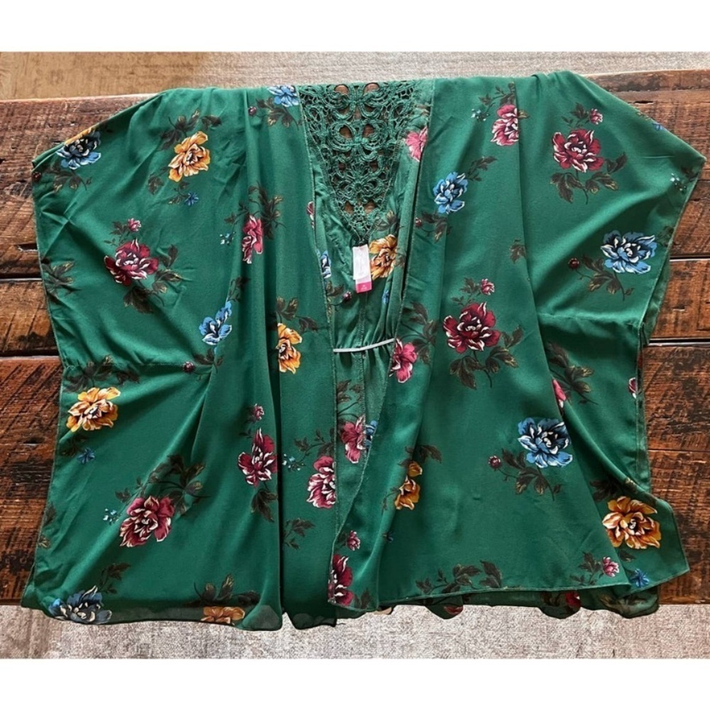Womens Green Floral Open Duster/Coverup Size Medium - Picture 10 of 12